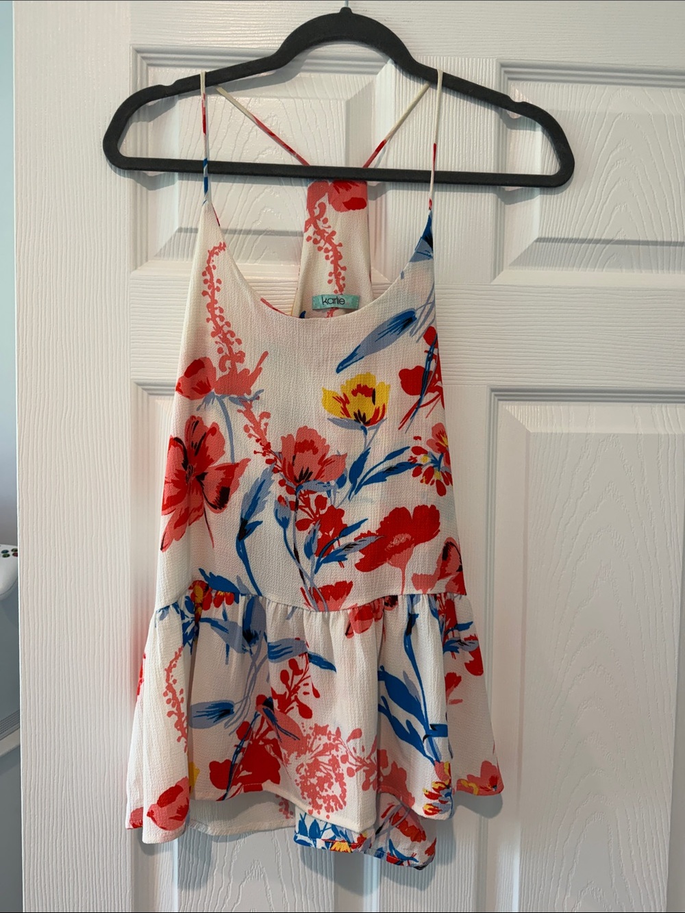 Karlie Cream Floral Spaghetti Strap Peplum Tank with Red & Blue Accents